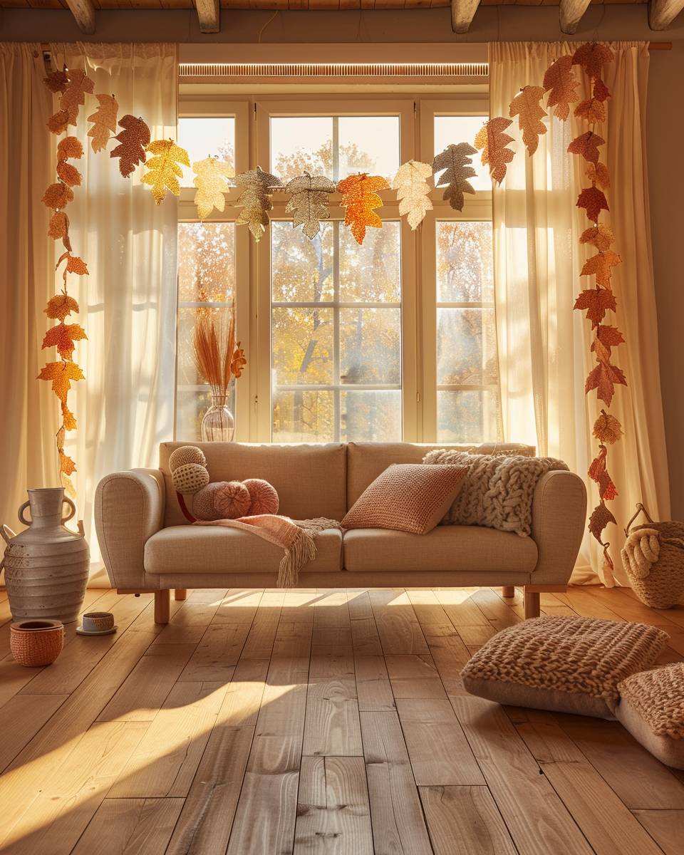 Wohnzimmer herbstlich dekorieren- Drapiere Stoffgirlanden aus Filzblättern am Fenster