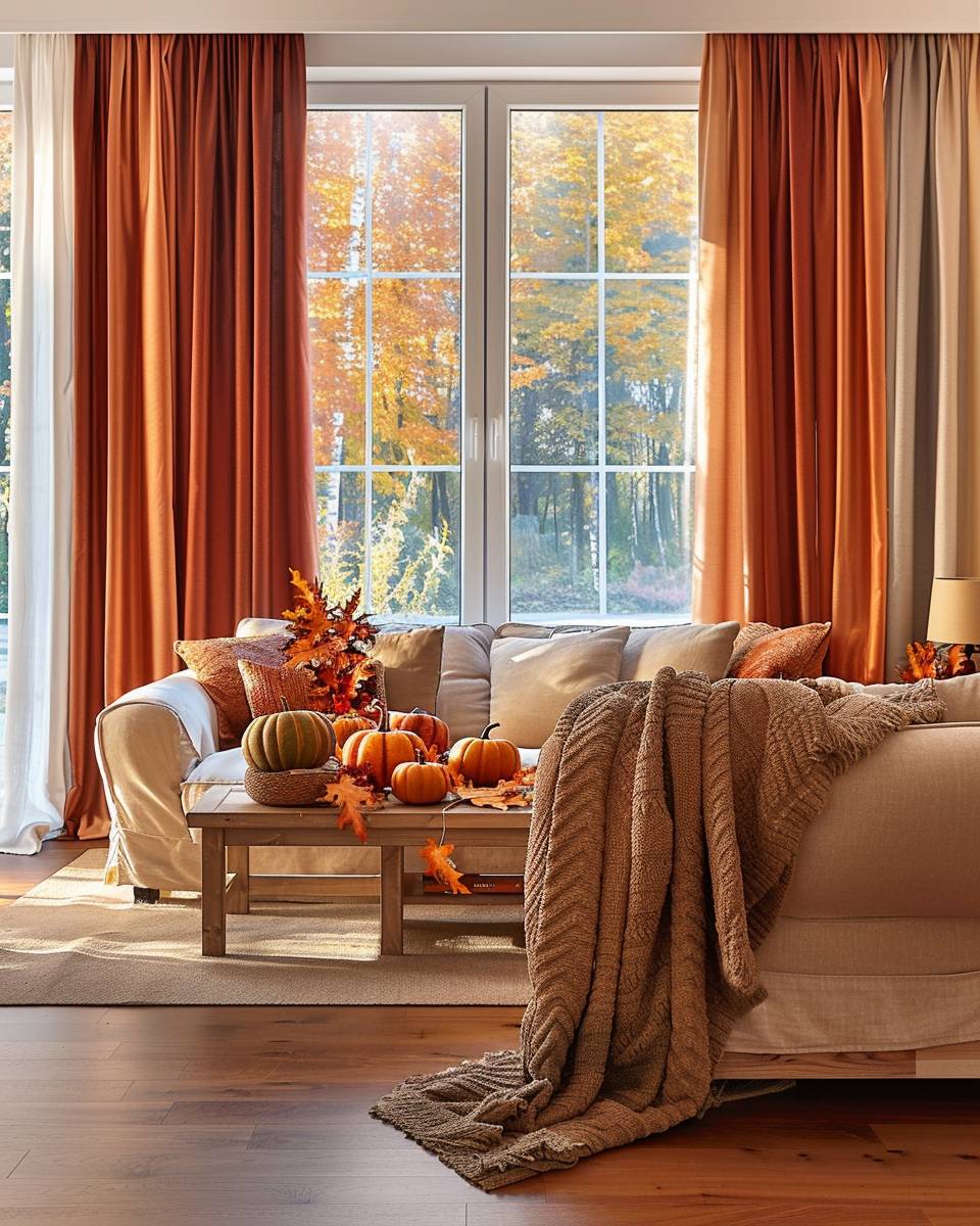 Wohnzimmer herbstlich dekorieren- Wähle Vorhänge in warmen Herbsttönen