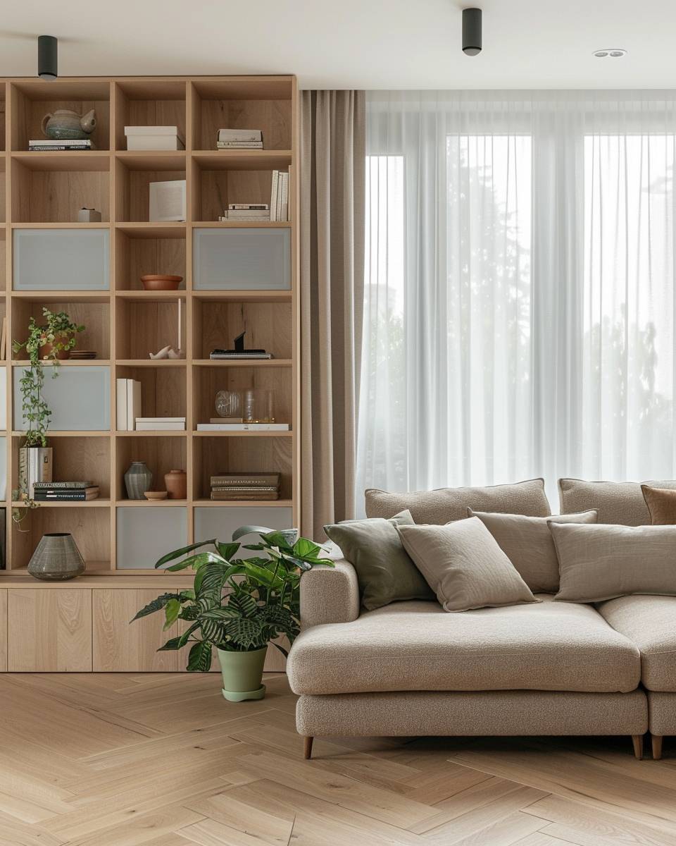helles Wohnzimmer gestalten- Nutze offene Regale für luftigen Stauraum
