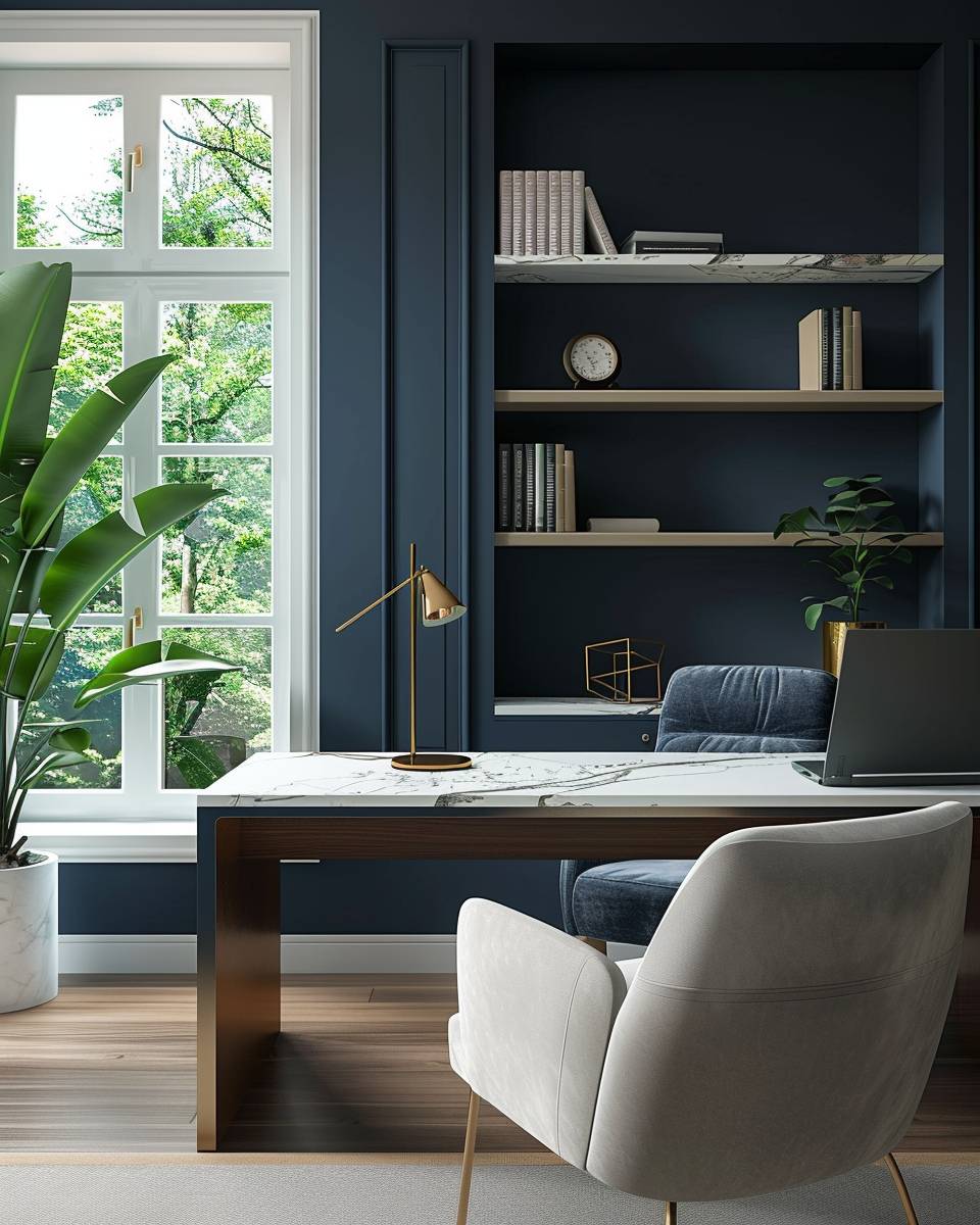 Arbeitszimmer in Petrol gestalten- Bestücke den Schreibtisch mit edlen Marmor-Elementen