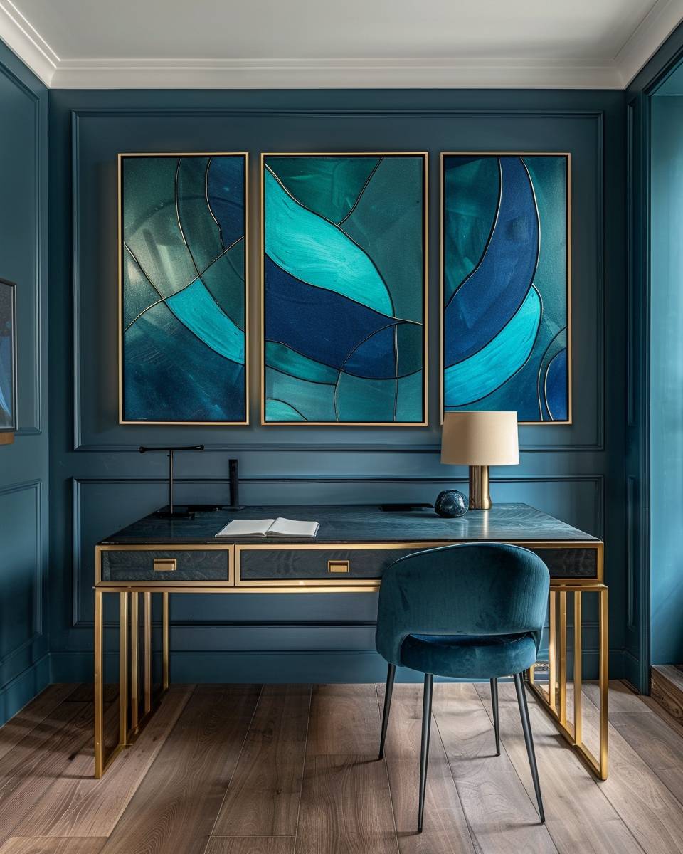 Arbeitszimmer in Petrol gestalten- Dekoriere mit abstrakten Wandbildern in Blaugrün