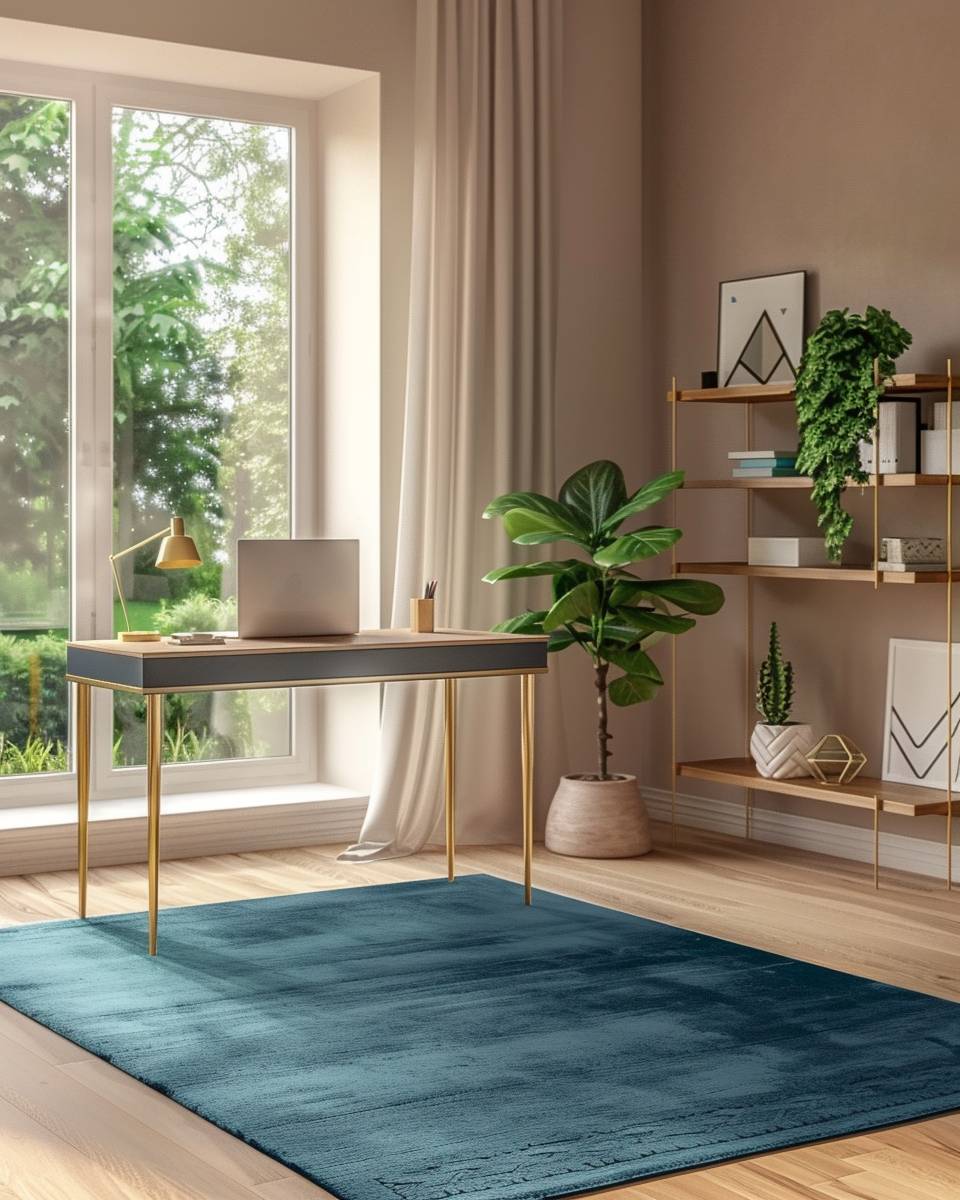 Arbeitszimmer in Petrol gestalten- Erweitere den Raum mit einem Teppich in Petrol
