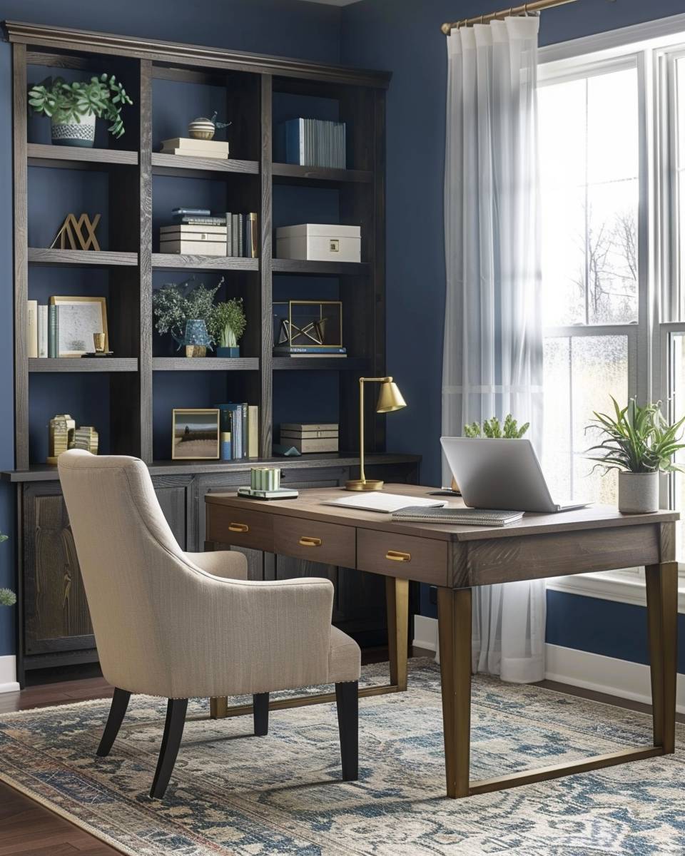 Arbeitszimmer in Petrol gestalten- Integriere offene Regale aus dunklem Holz