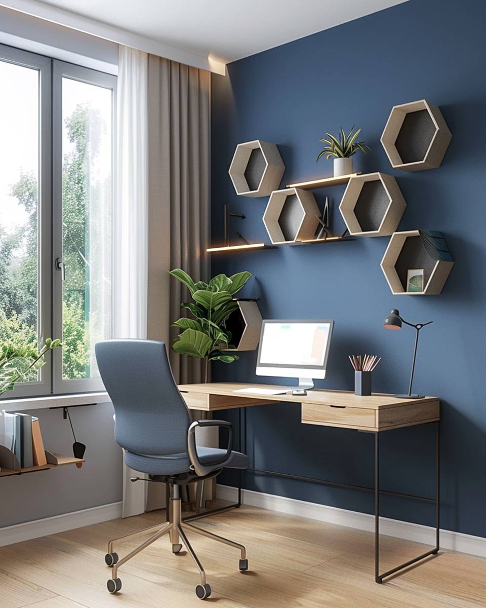 Arbeitszimmer in Petrol gestalten- Platziere Wandregale in geometrischer Petrolform