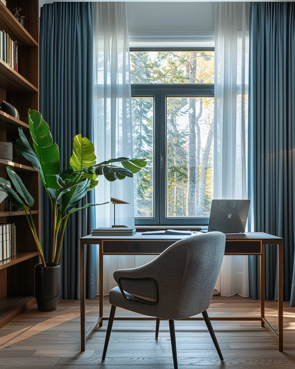 Arbeitszimmer in Petrol gestalten- Verschönere Fenster mit halbtransparenten Petrol-Vorhängen