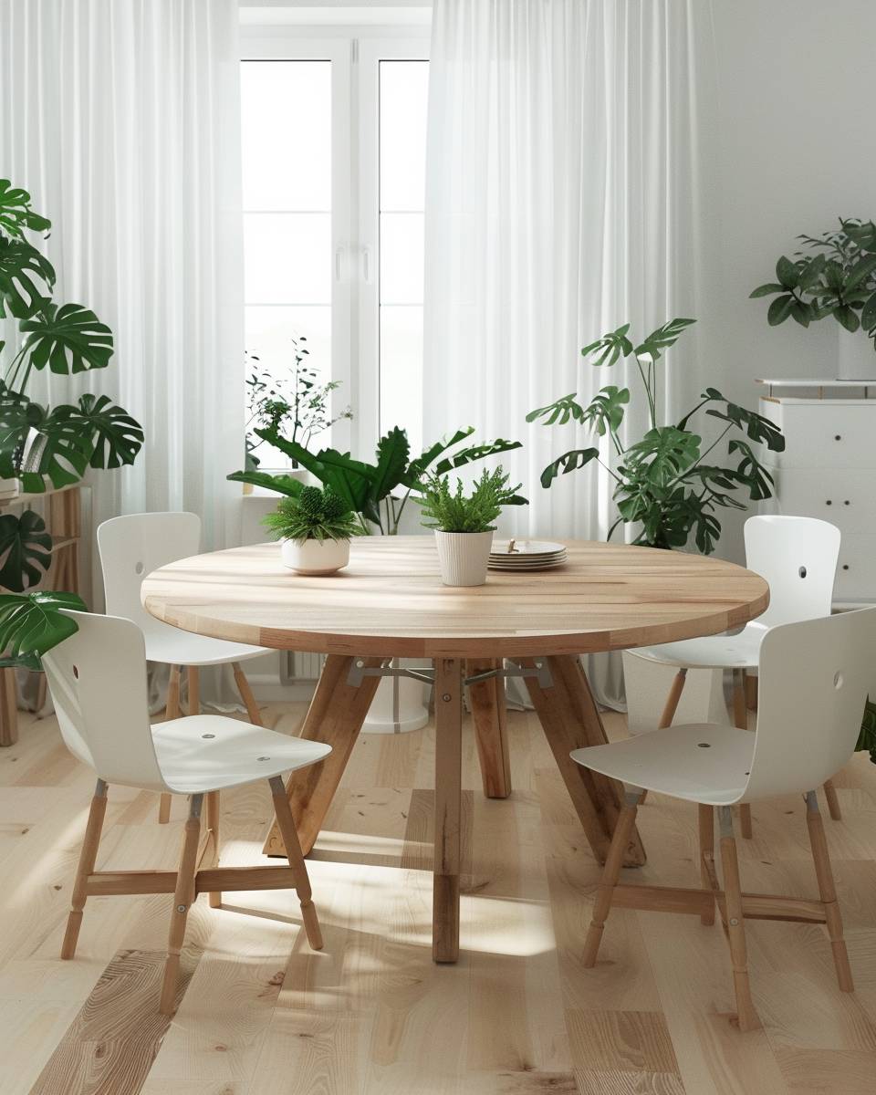 Esszimmer mit runden Tischen gestalten- Arrangiere Pflanzen für natürliche Frische drumherum