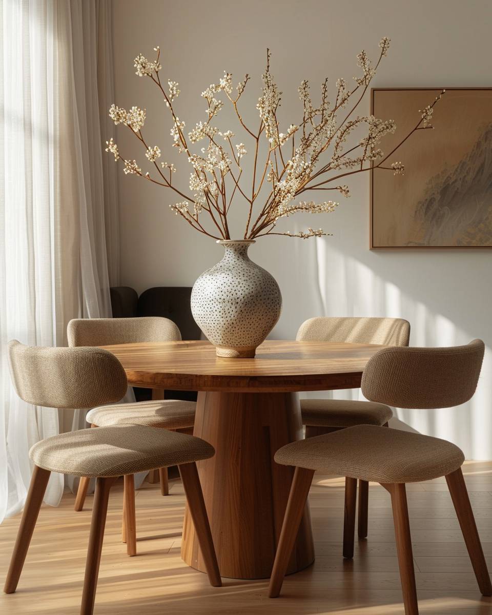 Esszimmer mit runden Tischen gestalten- Integriere eine dekorative Vase als Blickfang