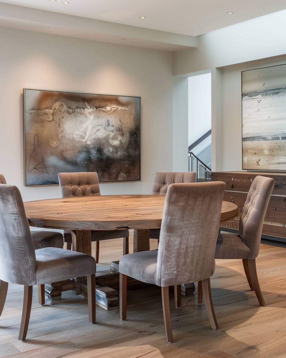 Esszimmer mit runden Tischen gestalten- Platziere Kunstwerke an der Wand in Nähe