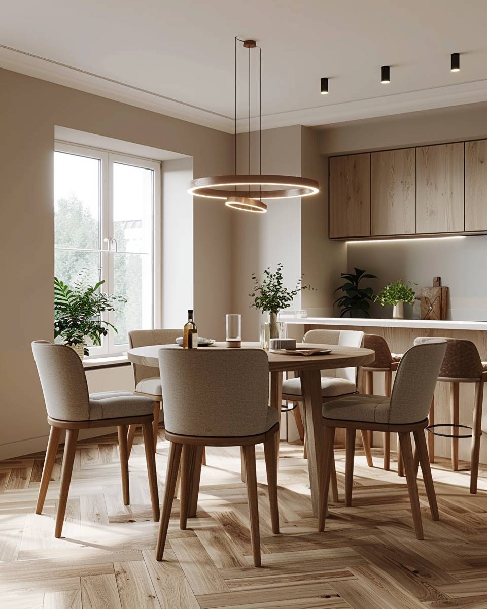 Esszimmer mit runden Tischen gestalten- Probiere unterschiedliche Sitzhöhen und Hocker aus