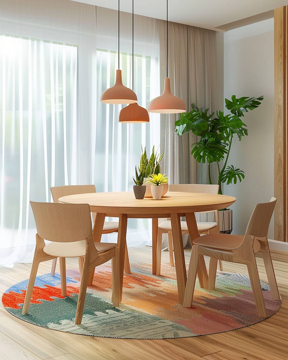 Esszimmer mit runden Tischen gestalten- Spiele mit farbigen Teppichen unter dem Tisch