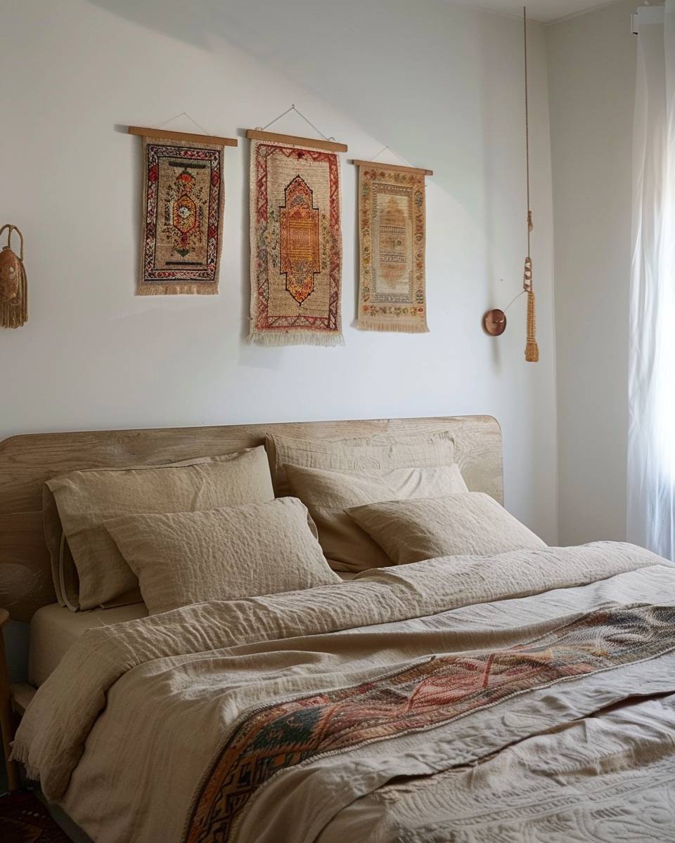 Ideen: Einrichten mit Vintage-Teppichen- Hänge Mini-Teppiche als Kunstwerke über das Bett