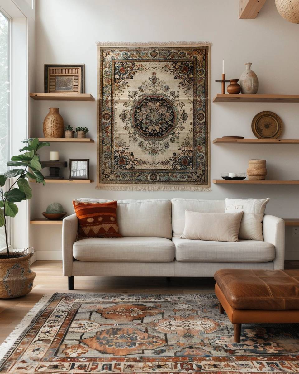 Ideen: Einrichten mit Vintage-Teppichen- Integriere Teppiche als Wanddekoration im Wohnzimmer