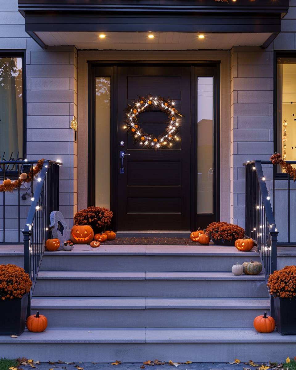 Ideen: Halloween-Dekoration für den Hauseingang- Füge blutrote Lichterketten zur Beleuchtung hinzu