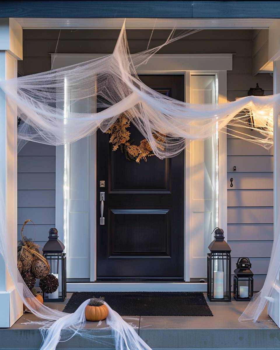 Ideen: Halloween-Dekoration für den Hauseingang- Hänge spinnennetzartige Tücher über den Eingangsbereich