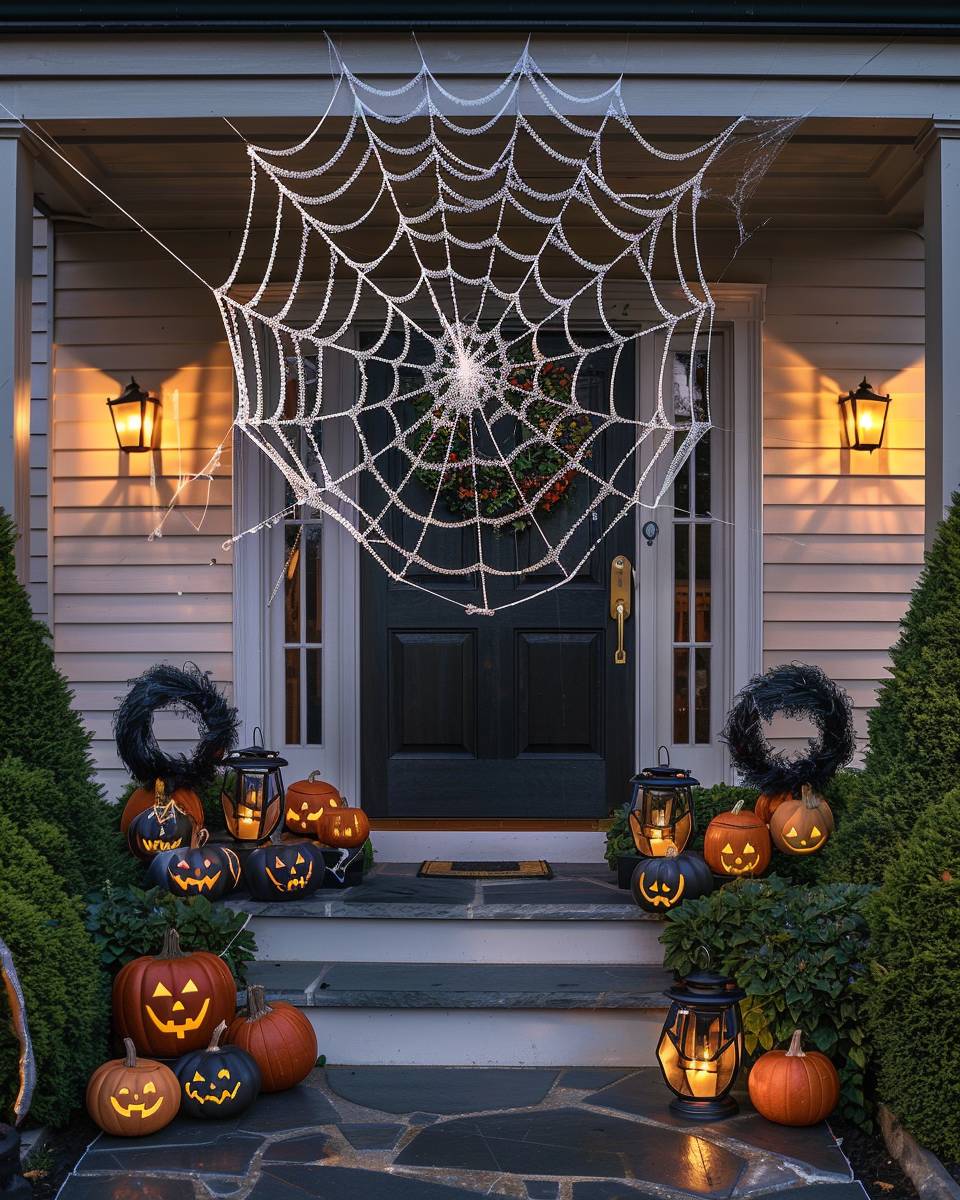 Ideen: Halloween-Dekoration für den Hauseingang- Spanne ein großes Spinnennetz zwischen Büschen