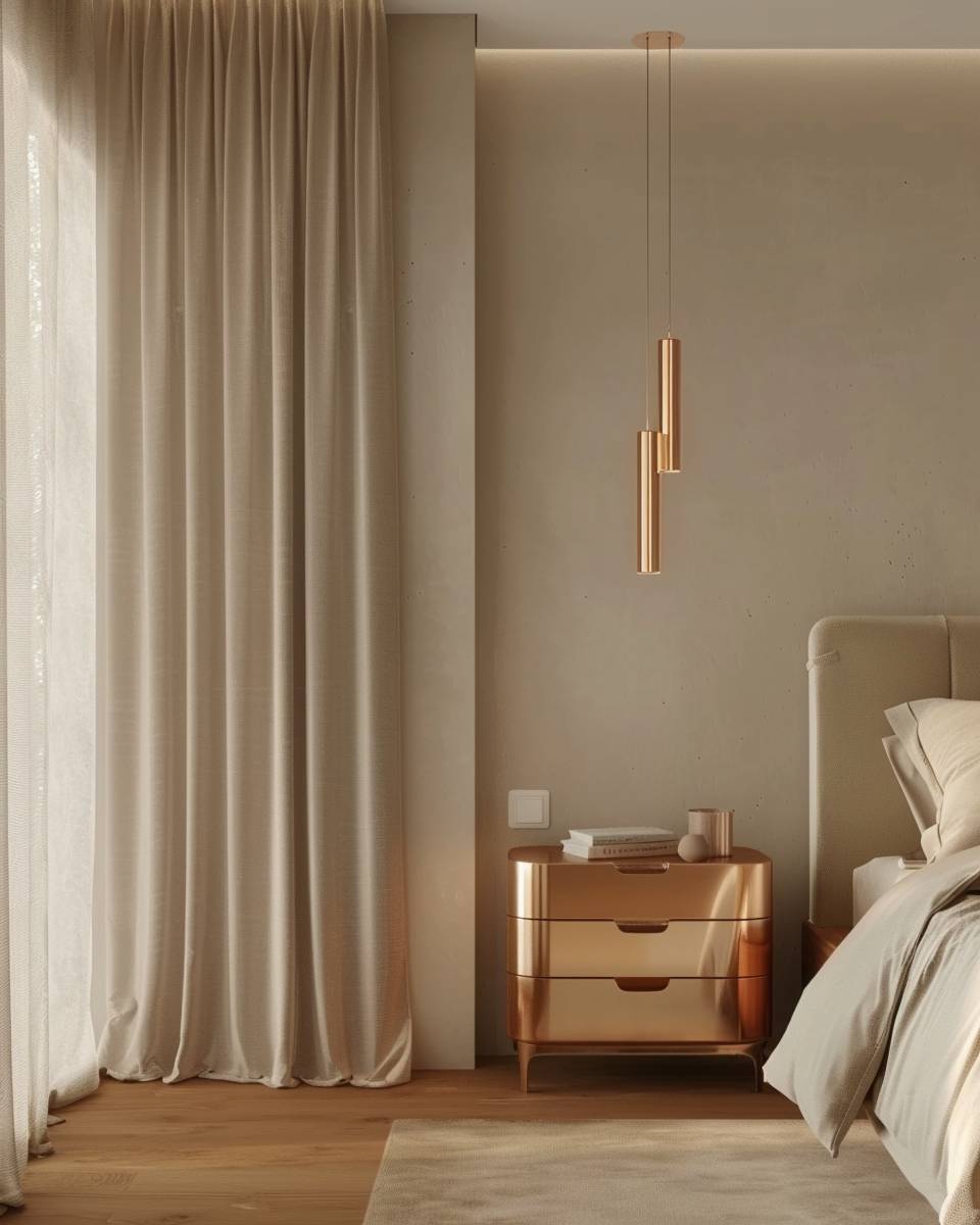 Ideen: Schlafzimmer mit Kupfer- Lasse kupferne Kleinmöbel als Eyecatcher wirken