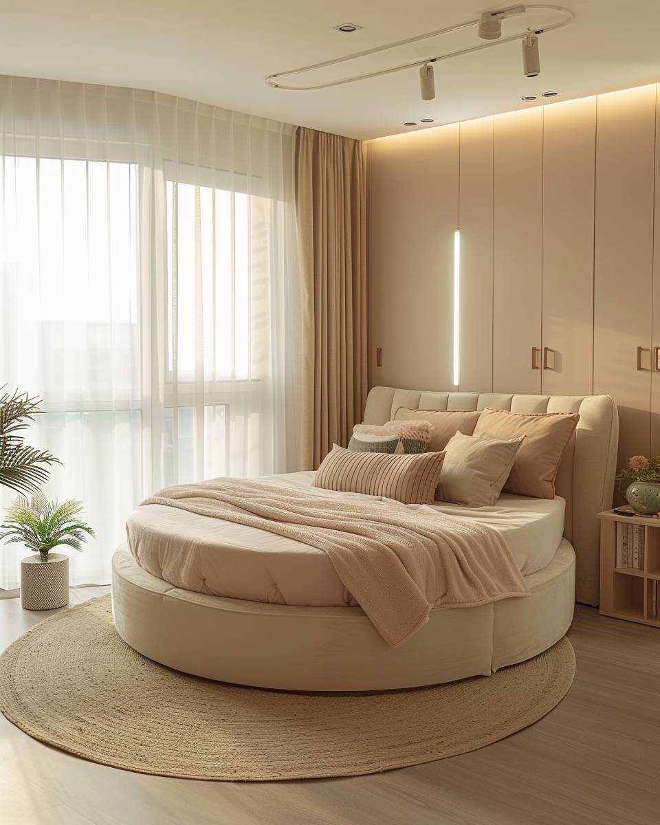 Ideen: Schlafzimmer mit rundem Bett-Wähle sanfte Pastellfarben für mehr Ruhe
