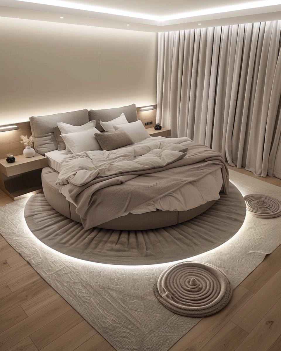 Ideen: Schlafzimmer mit rundem Bett- Arrangiere runde Teppiche unter das Bett
