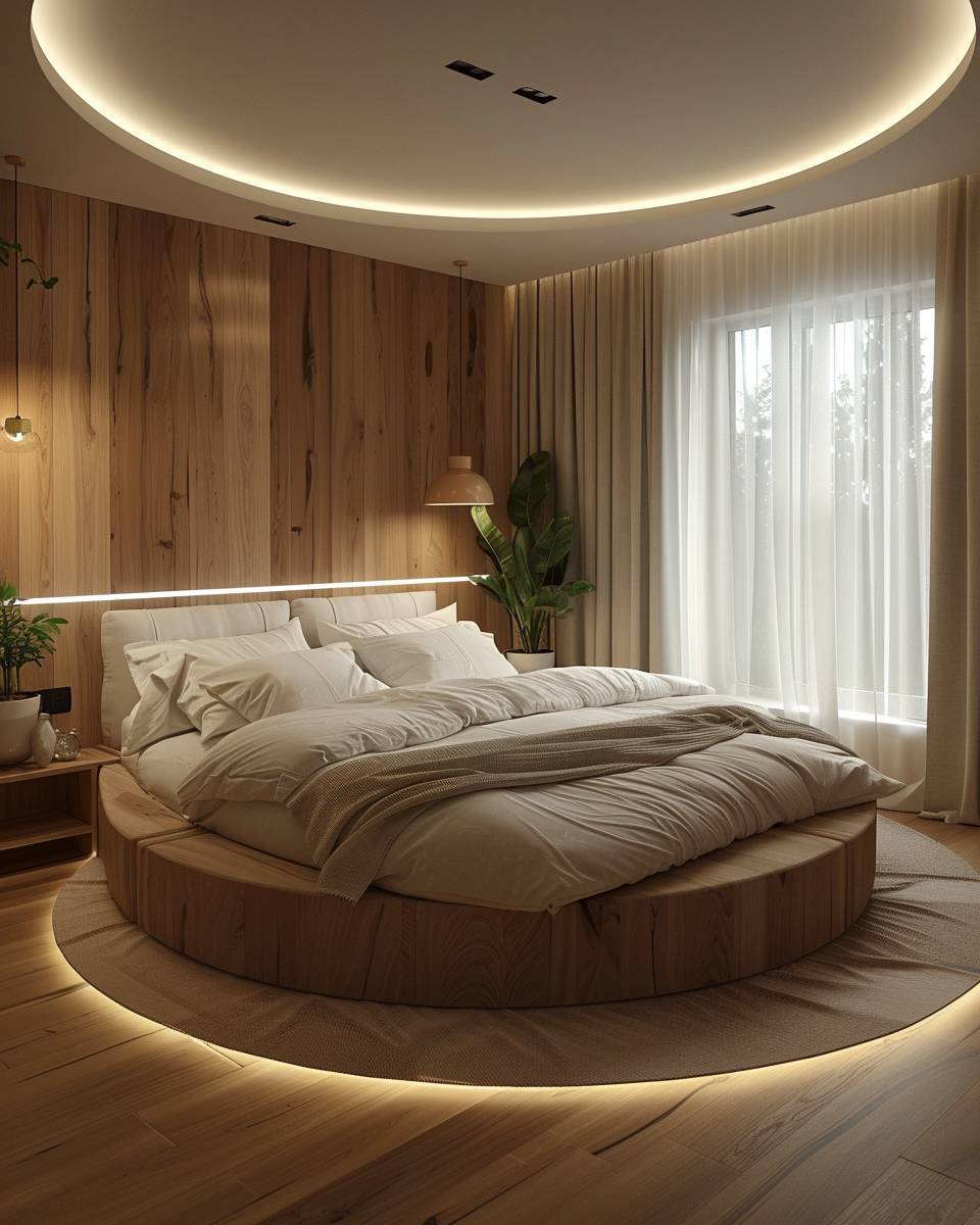 Ideen: Schlafzimmer mit rundem Bett- Dekoriere mit warmen Holzakzenten