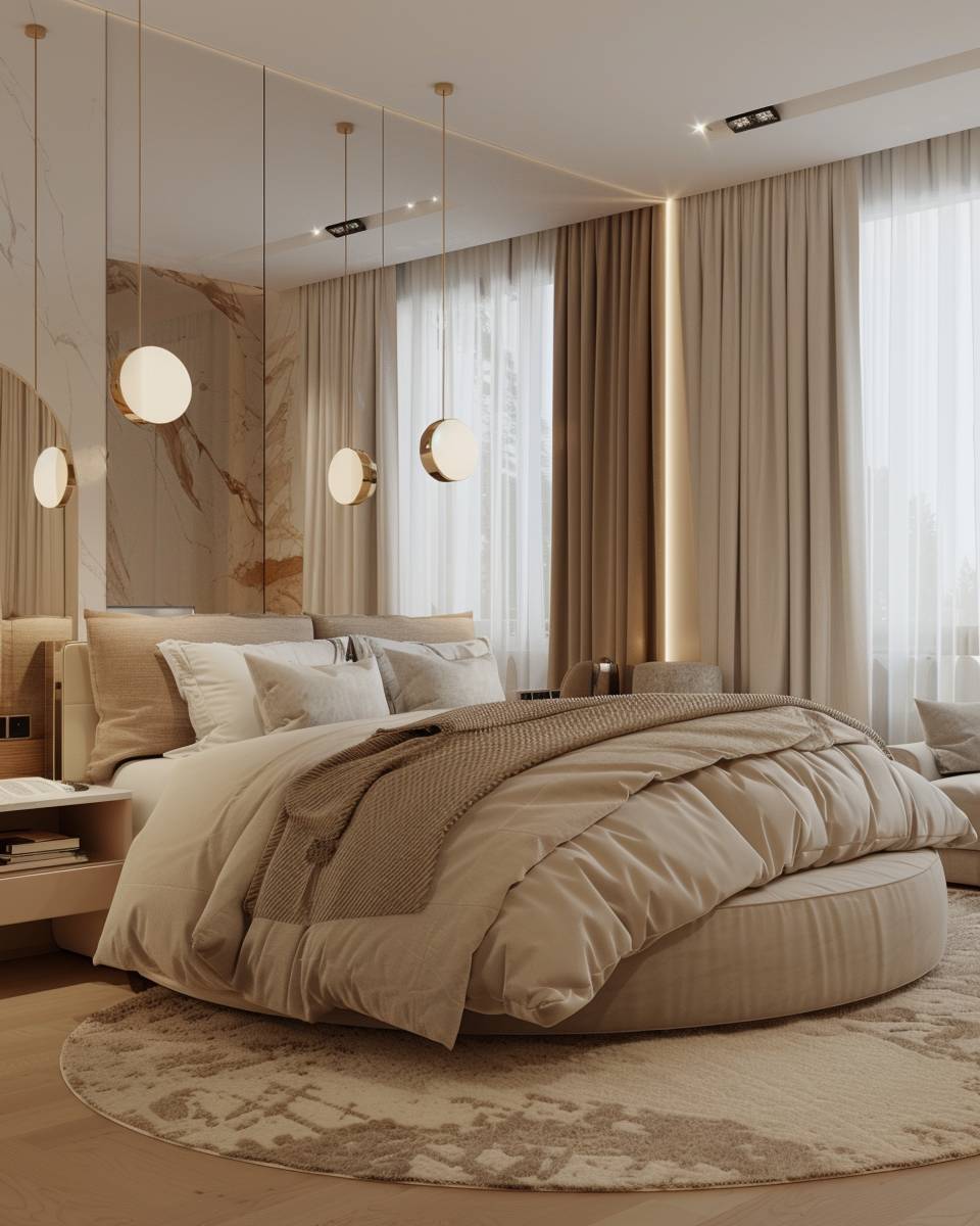 Ideen: Schlafzimmer mit rundem Bett- Ergänze Wandspiegel für optische Weite