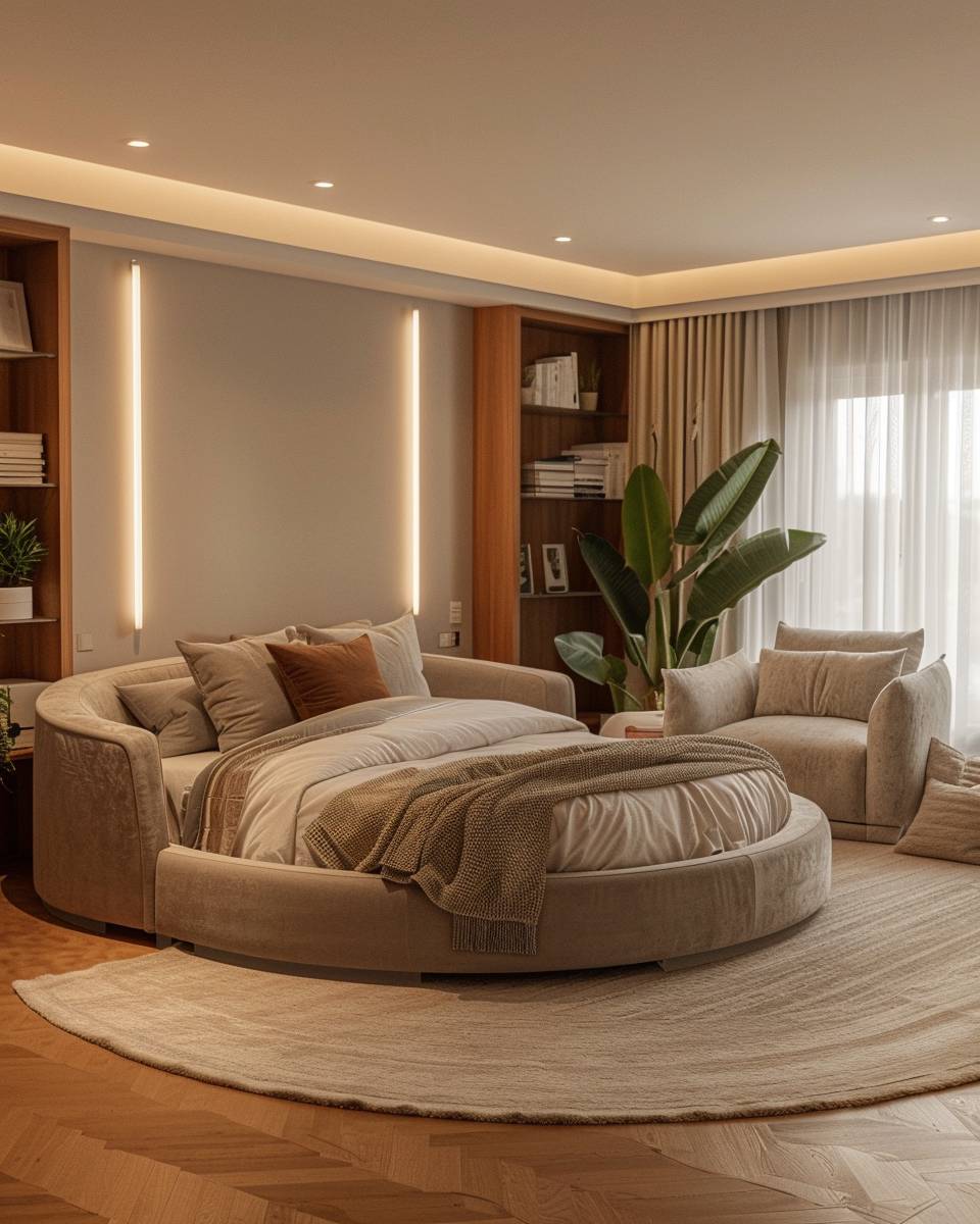 Ideen: Schlafzimmer mit rundem Bett- Gestalte eine gemütliche Leseecke daneben