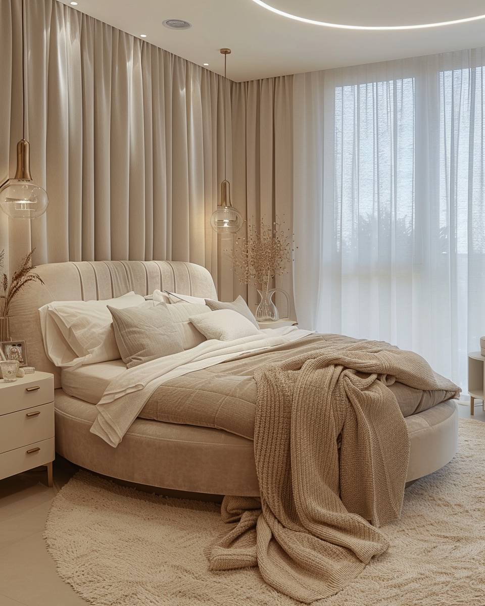 Ideen: Schlafzimmer mit rundem Bett- Lass eine weiche Tagesdecke locker fallen