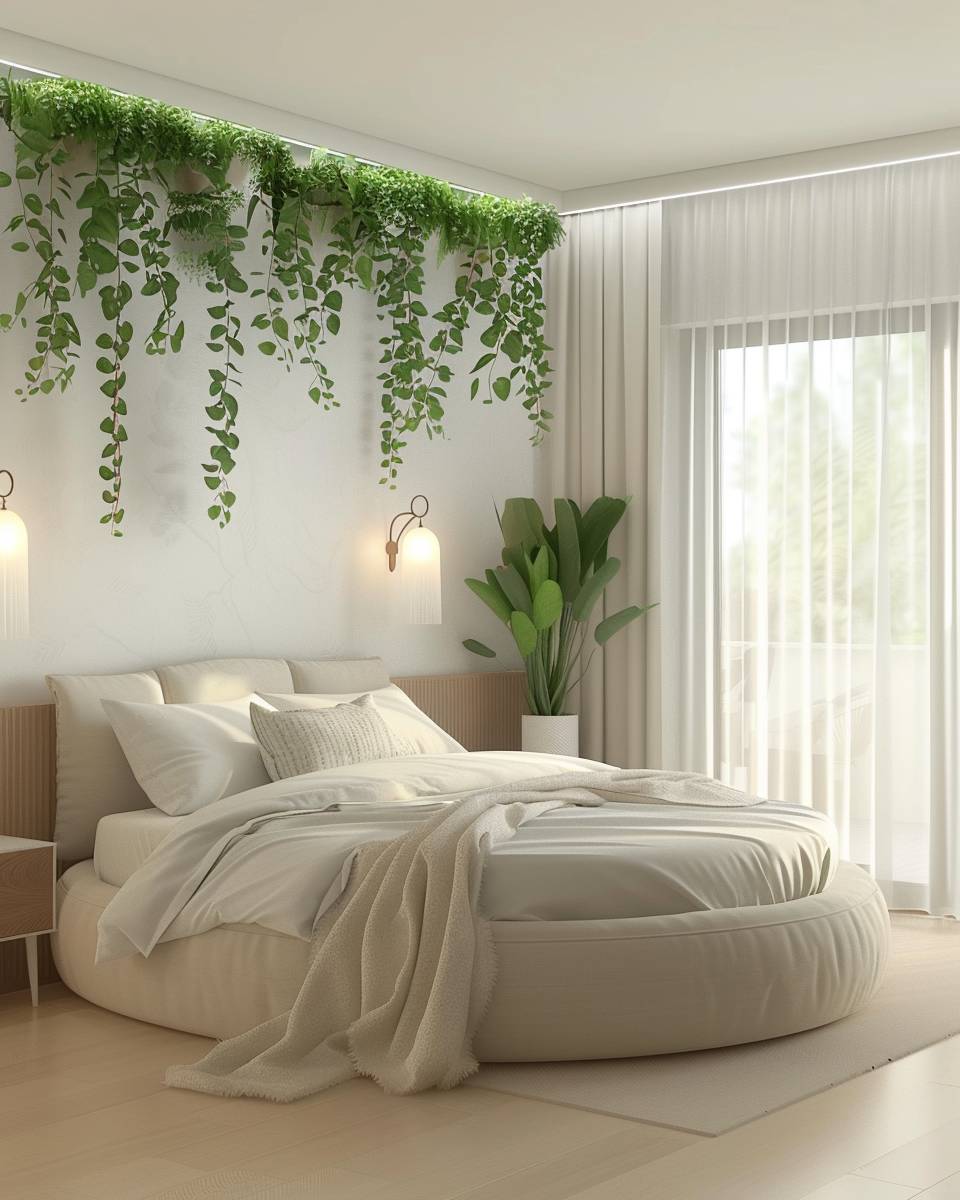 Ideen: Schlafzimmer mit rundem Bett- Nutze hängende Pflanzen für Frische