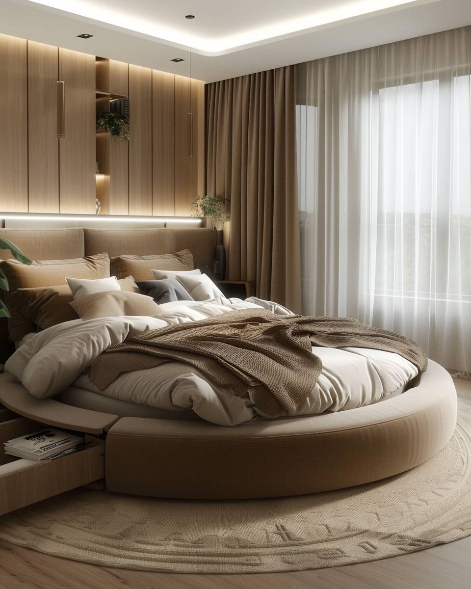 Ideen: Schlafzimmer mit rundem Bett- Ordne diskrete Aufbewahrung unterm Bett an