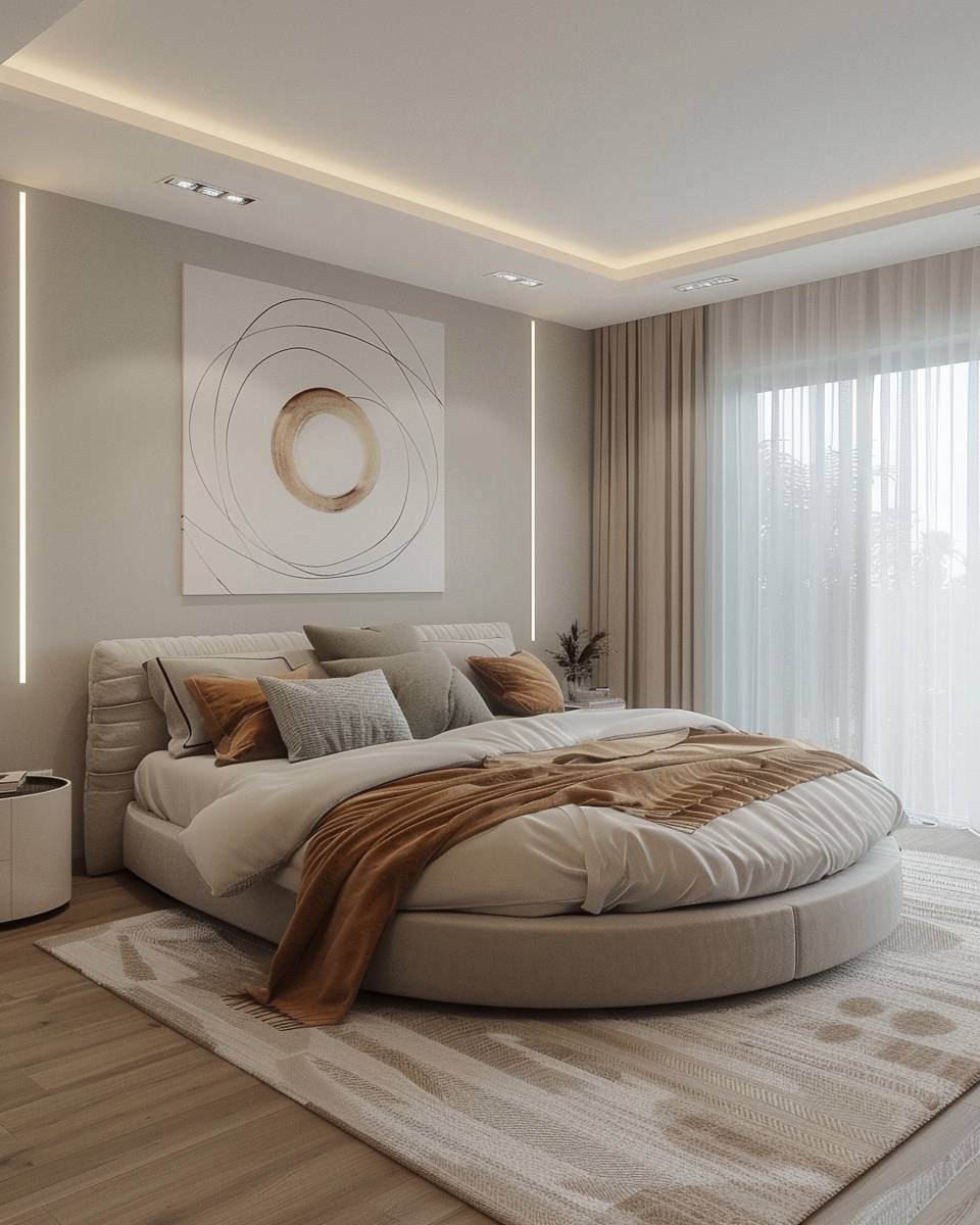 Ideen: Schlafzimmer mit rundem Bett- Platziere Kunstwerke mit runden Formen