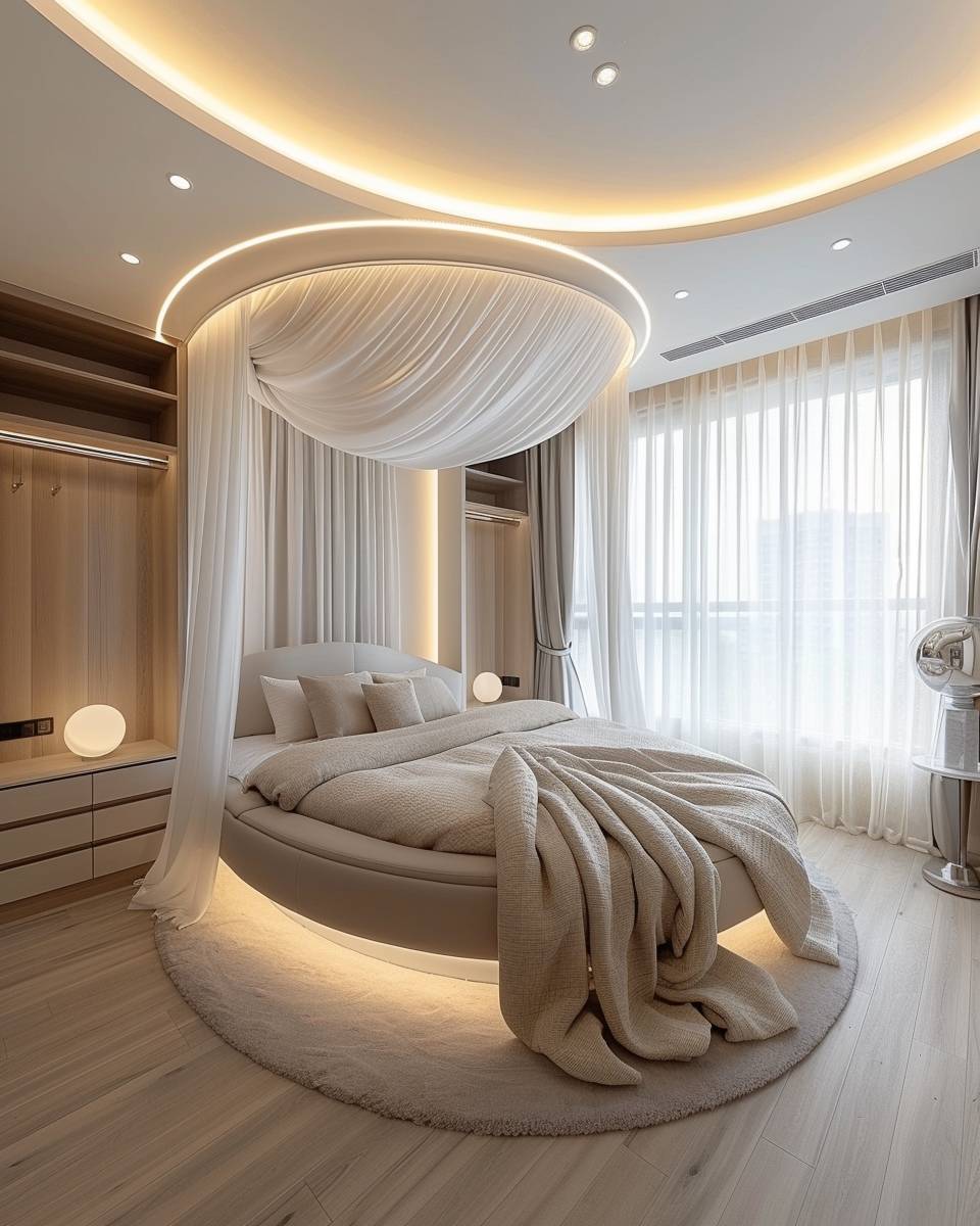 Ideen: Schlafzimmer mit rundem Bett- Platziere ein Himmelbettgestell für Romantik