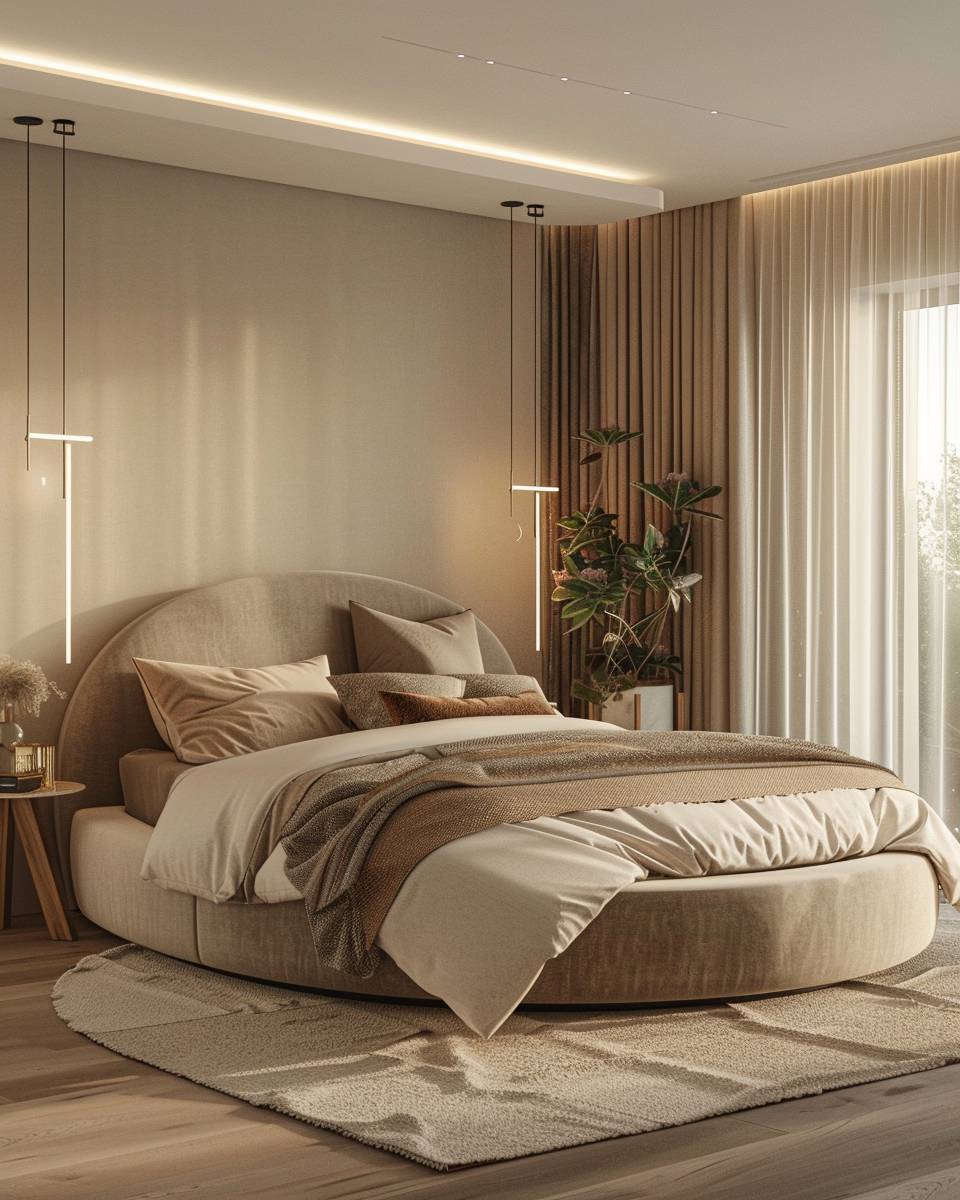 Ideen: Schlafzimmer mit rundem Bett- Probiere halbtransparente Vorhänge für Leichtigkeit