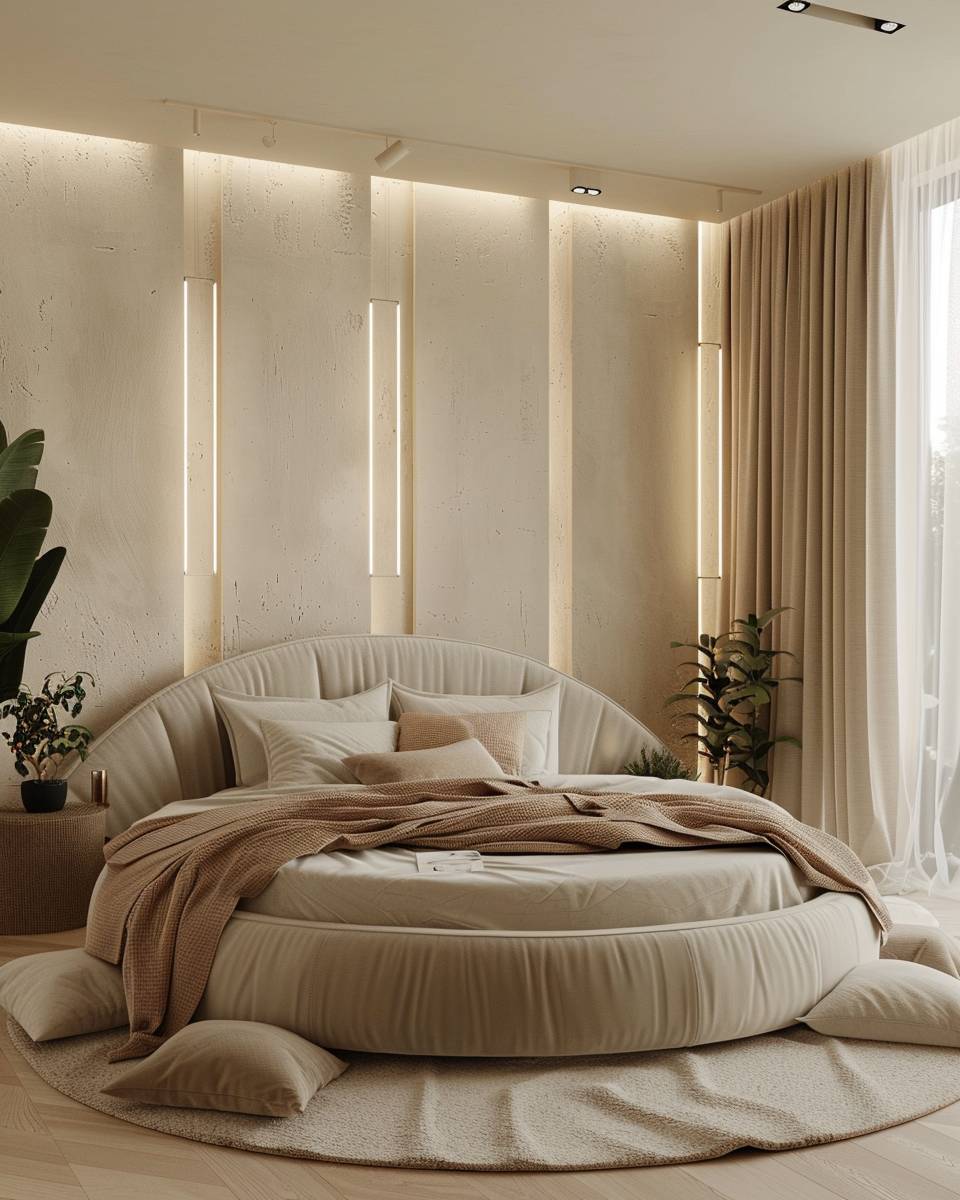 Ideen: Schlafzimmer mit rundem Bett- Schaffe mit Wandnischen interessante Details
