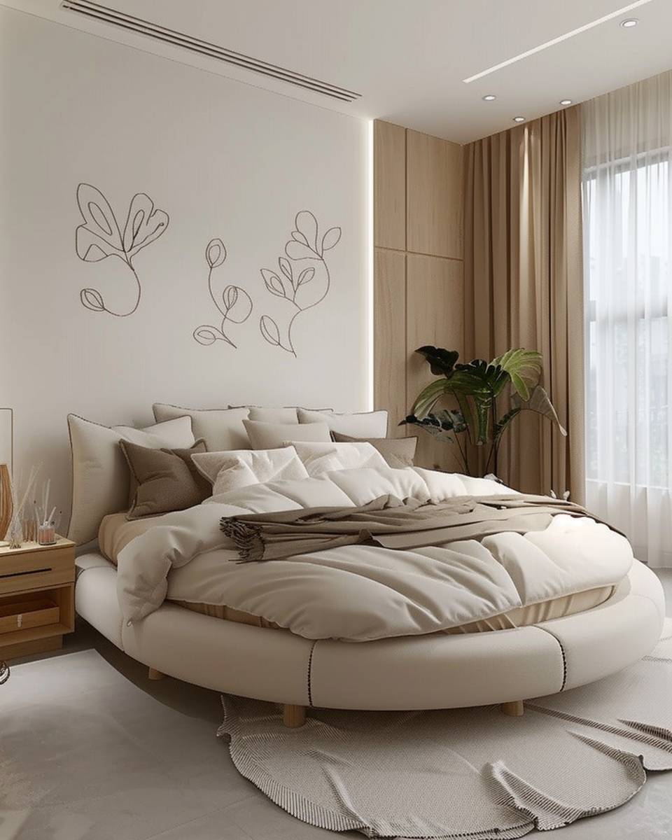Ideen: Schlafzimmer mit rundem Bett- Schmücke die Wände mit organischen Motiven