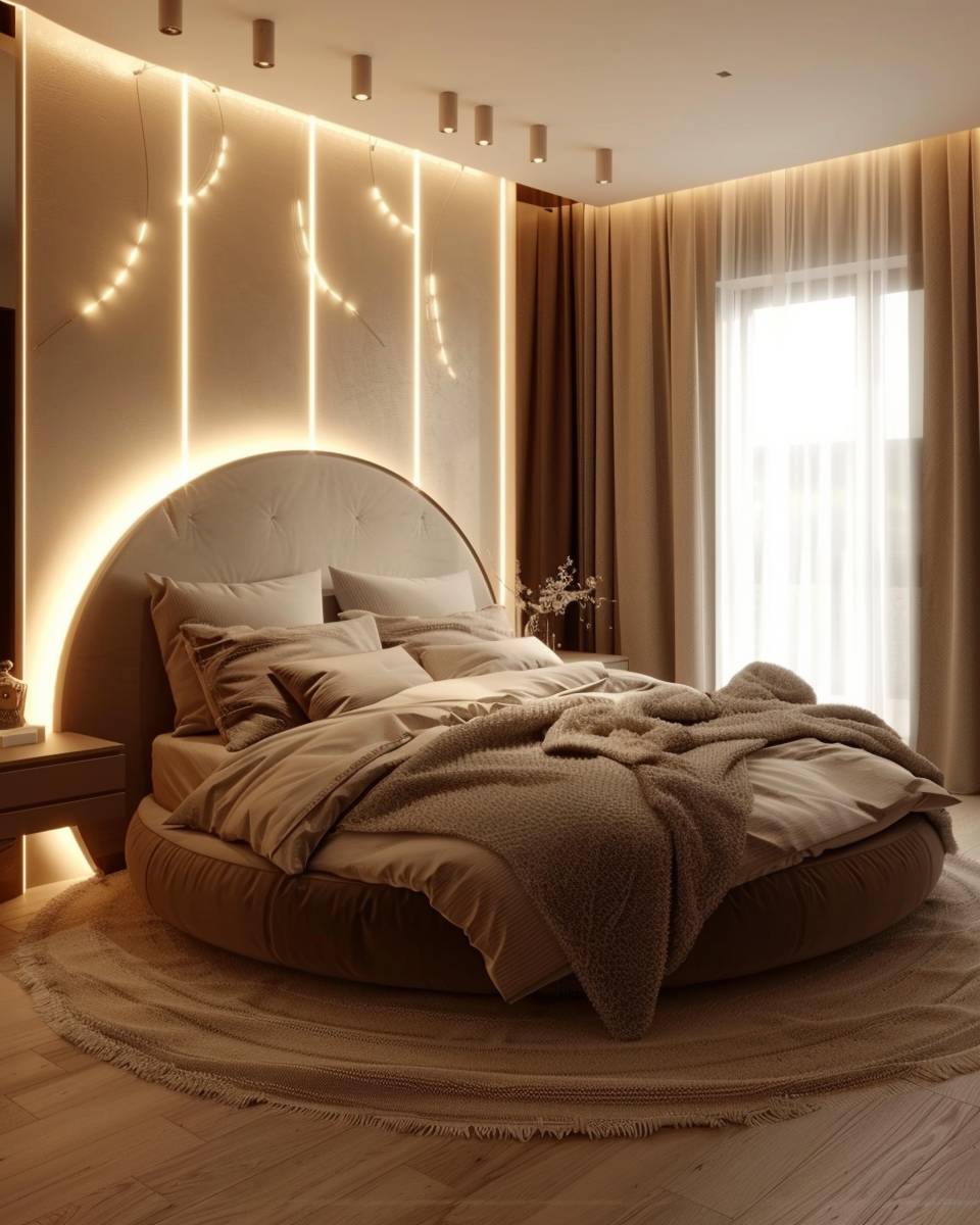 Ideen: Schlafzimmer mit rundem Bett- Schmücke mit LED-Lichterschlangen für Atmosphäre