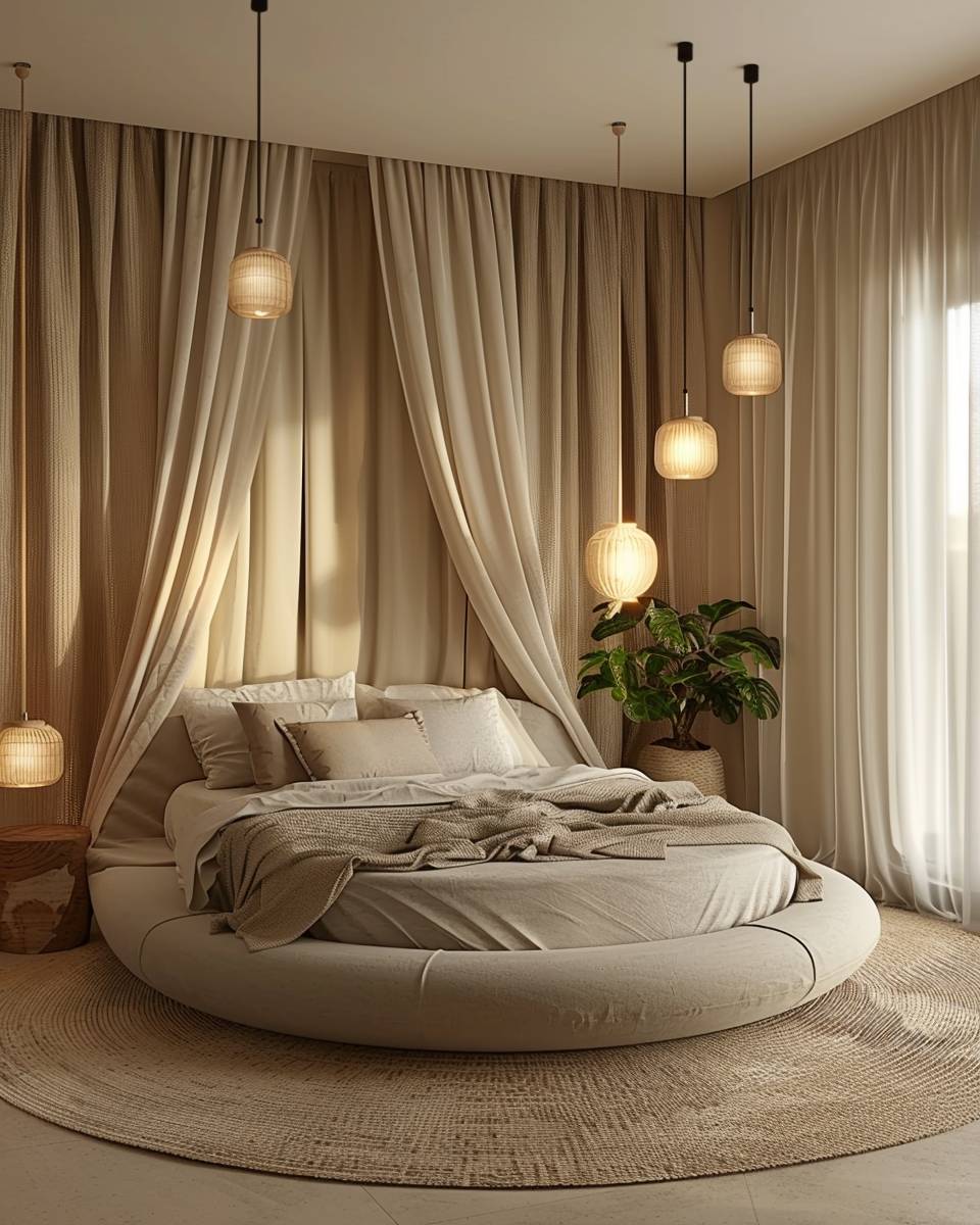 Ideen: Schlafzimmer mit rundem Bett- Setze auf einen Baldachin für Gemütlichkeit