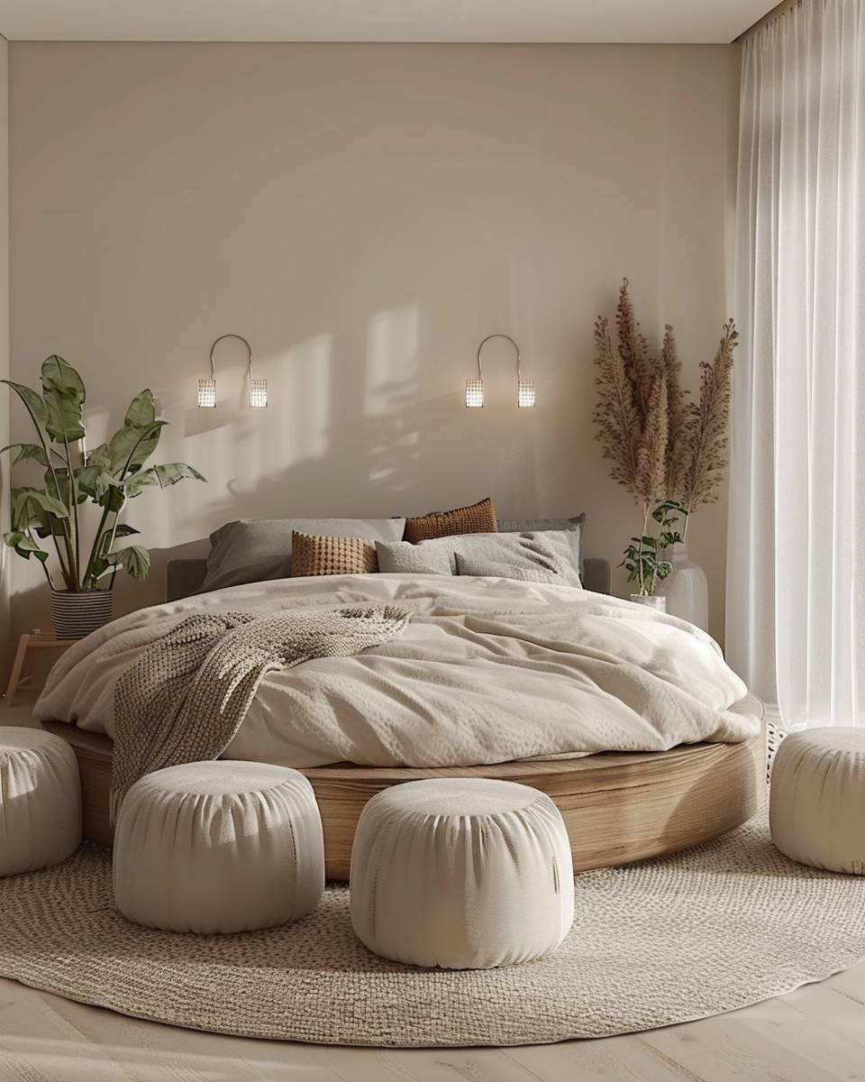 Ideen: Schlafzimmer mit rundem Bett- Stelle drumherum Sitzpoufs für Flexibilität