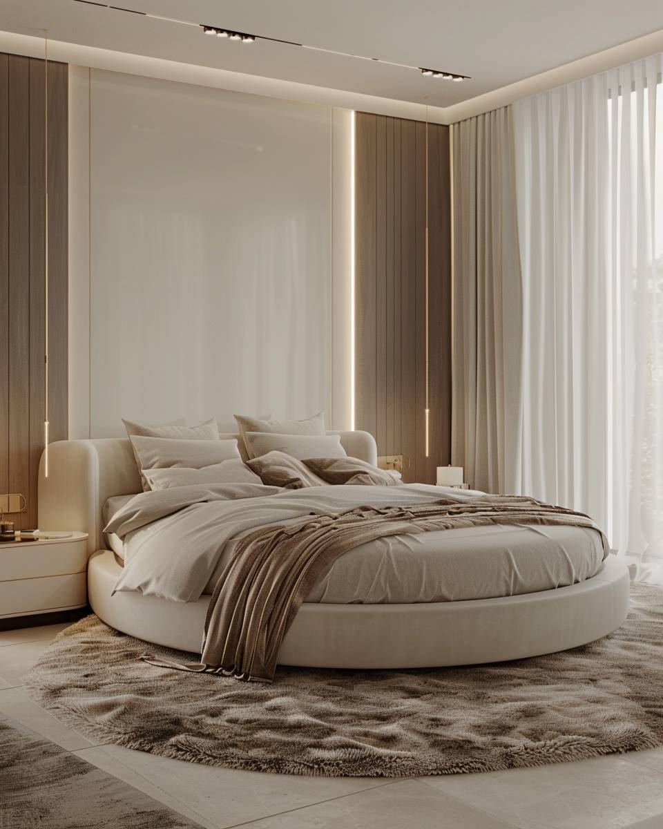 Ideen: Schlafzimmer mit rundem Bett- Verwende seidene Bettwäsche für Luxusgefühl