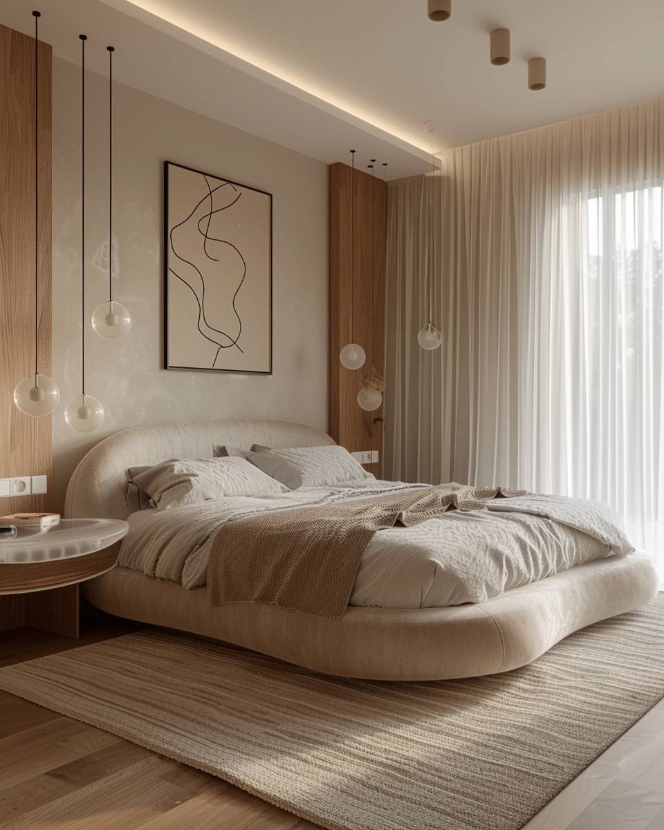 Ideen: Schlafzimmer mit rundem Bett- Wähle Nachttische mit geschwungenen Linien