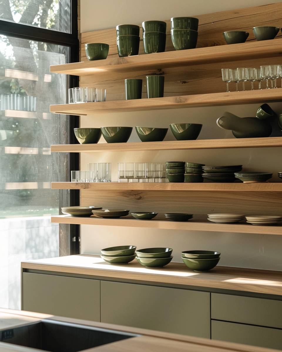 Küche in Olivgrün gestalten- Arrangiere Geschirr in Olive-Shades auf Sicht