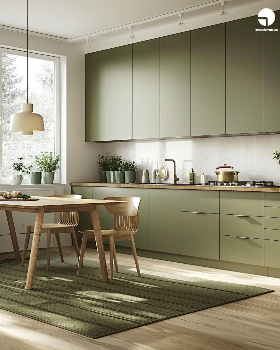 Küche in Olivgrün gestalten- Betone den Essbereich mit einem Olivteppich