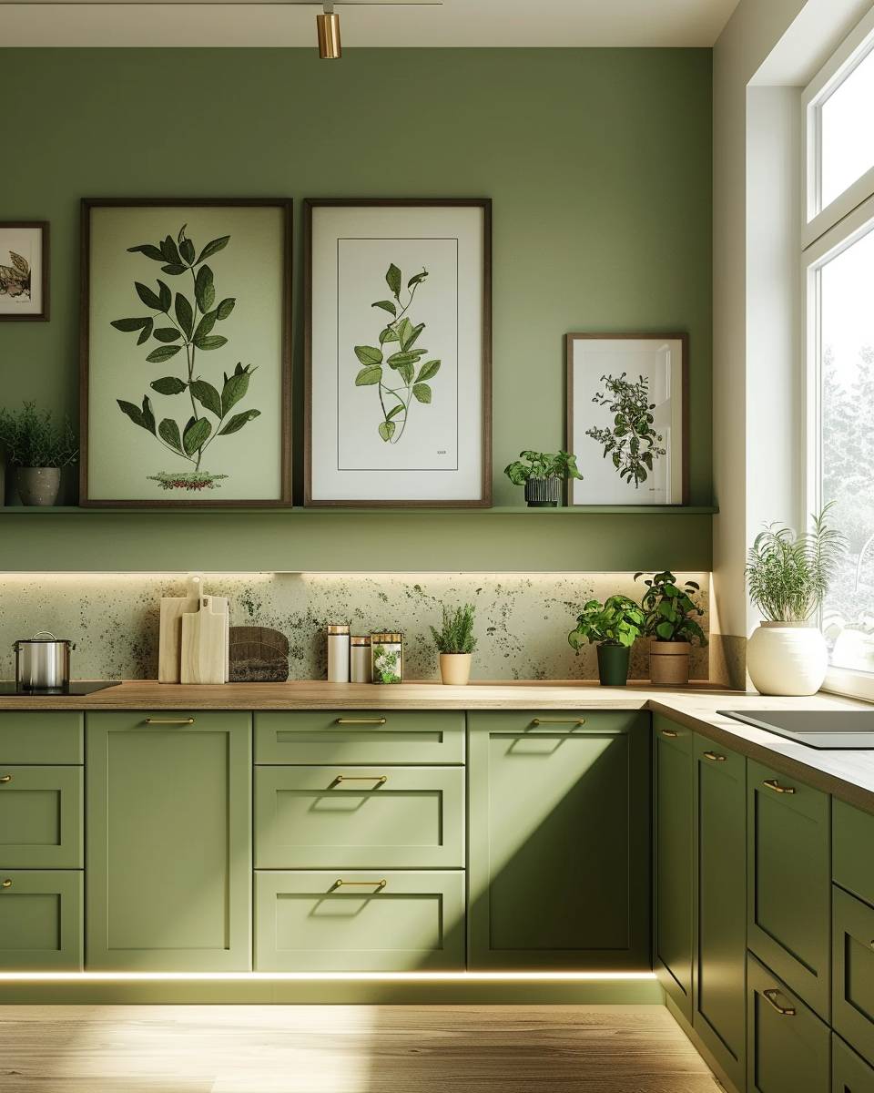 Küche in Olivgrün gestalten- Ergänze Wandbilder mit grünen Motiven