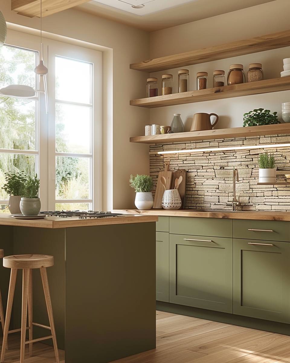 Küche in Olivgrün gestalten- Experimentiere mit Olivgrün und Holzoptik
