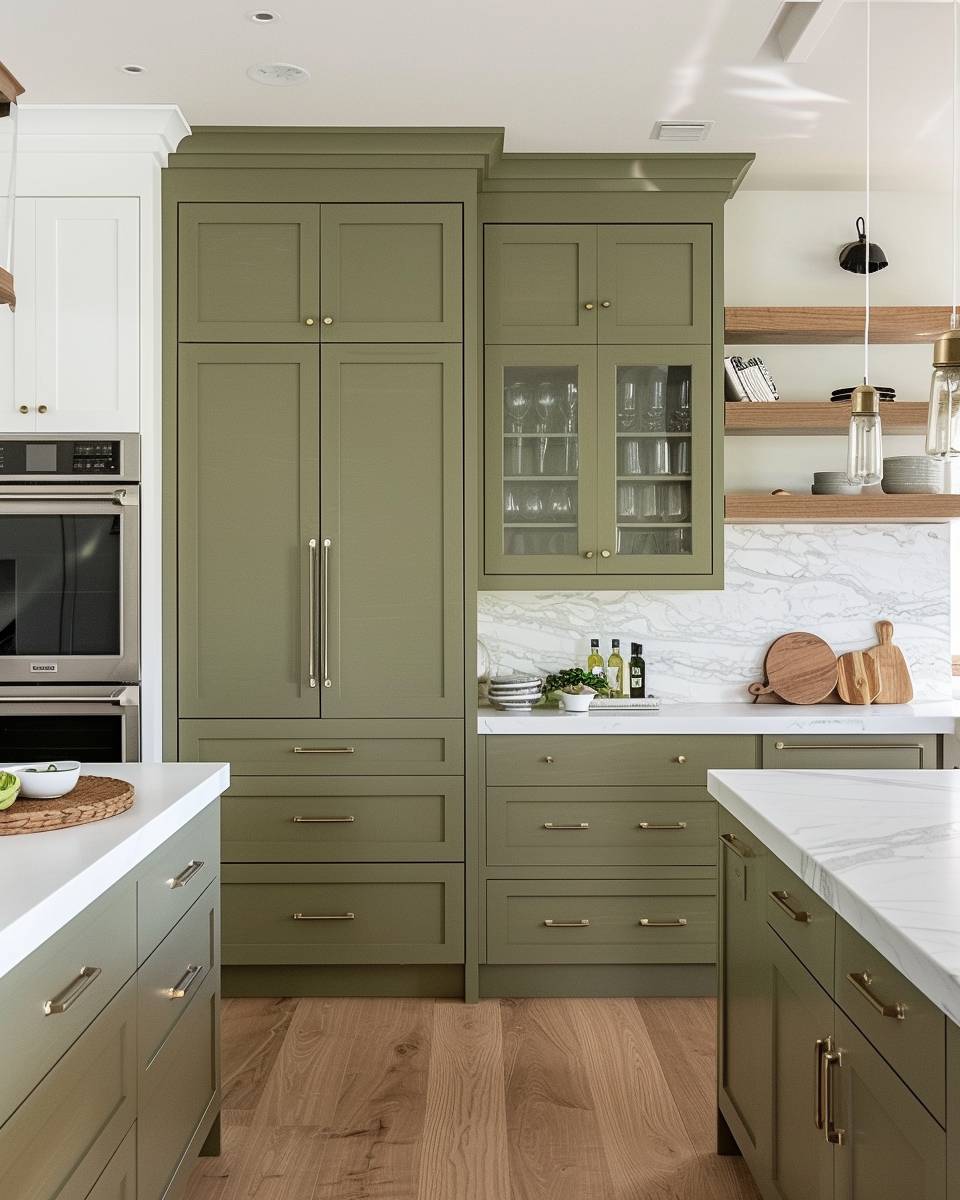 Küche in Olivgrün gestalten- Kombiniere olivgrüne Fronten mit Messinggriffen
