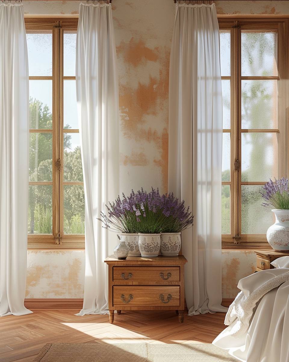 Schlafzimmer im mediterranen Stil gestalten- Pflanze Lavendel in hübschen Töpfen