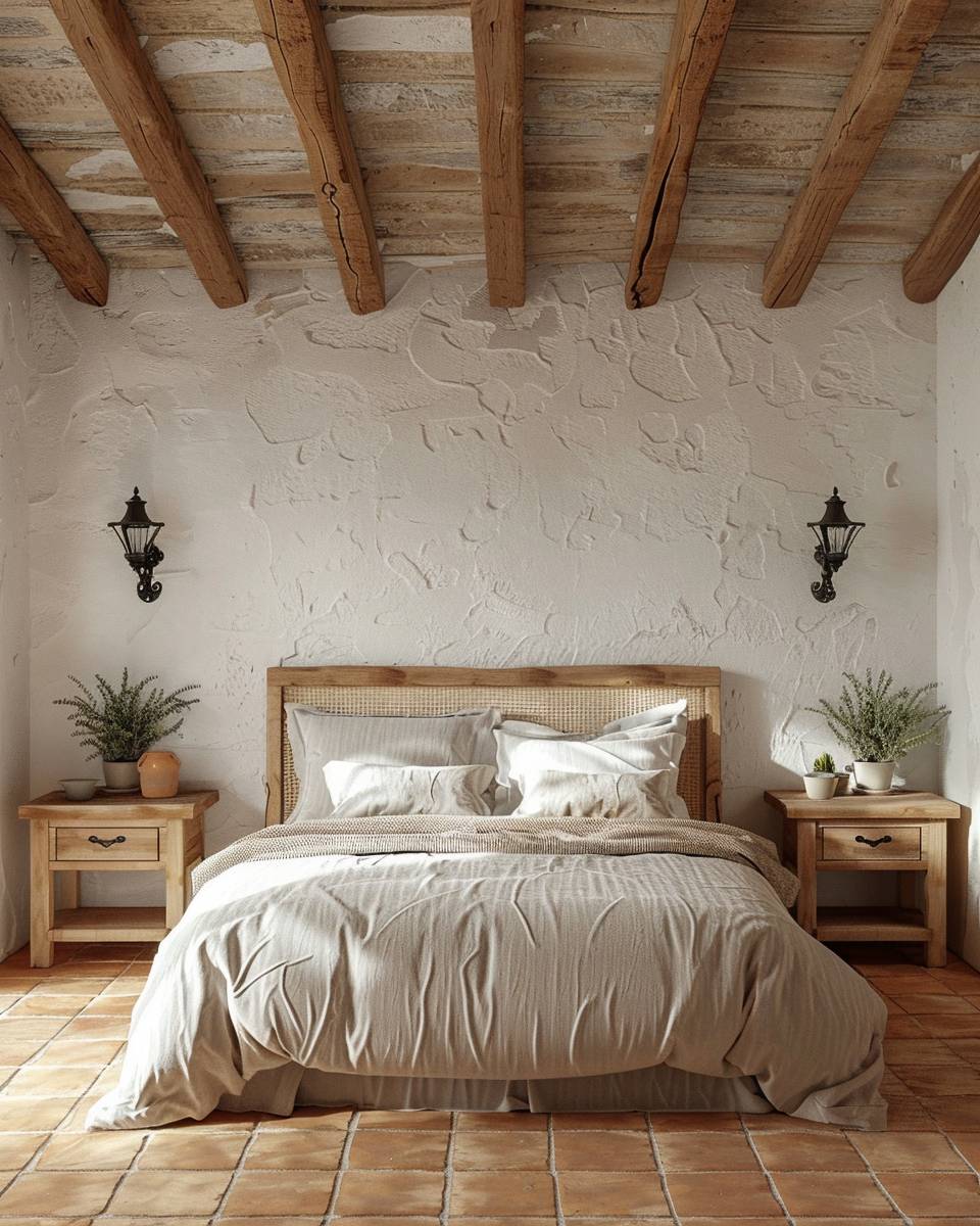 Schlafzimmer im mediterranen Stil gestalten- Stelle rustikale Nachttische aus Holz auf