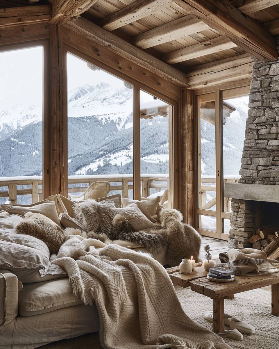 Wohnzimmer-im-Chalet-Stil- Dekoriere mit kuscheligen Wolldecken und Fellen