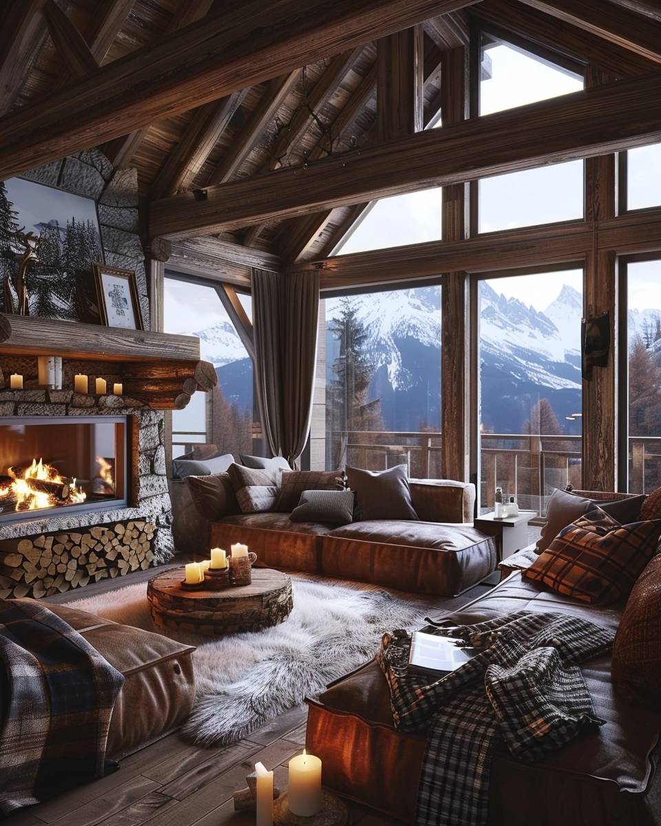 Wohnzimmer-im-Chalet-Stil- Ergänze weiche Leder- oder Stoffsofas