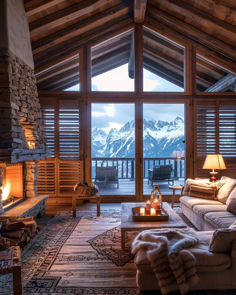 Wohnzimmer-im-Chalet-Stil- Gestalte mit charmanten Fensterläden aus Holz