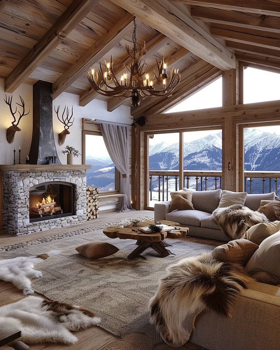 Wohnzimmer-im-Chalet-Stil- Hänge schmiedeeiserne oder Geweih-Lampen auf