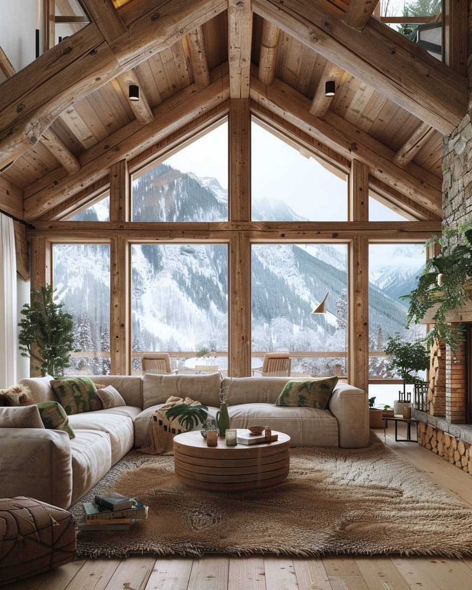 Wohnzimmer-im-Chalet-Stil- Lasse viel Tageslicht durch große Fenster herein